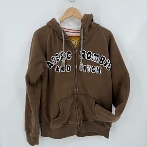 Abercrombie & Fitch Womens Brown Spell Out Zip Sweatshirt Size Large Waffle Rips